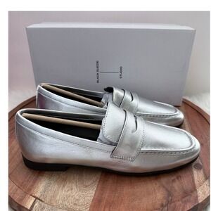 Black Suede Studio Metallic Silver Leather Classic Loafers Wmns Size 8 US 38 EU